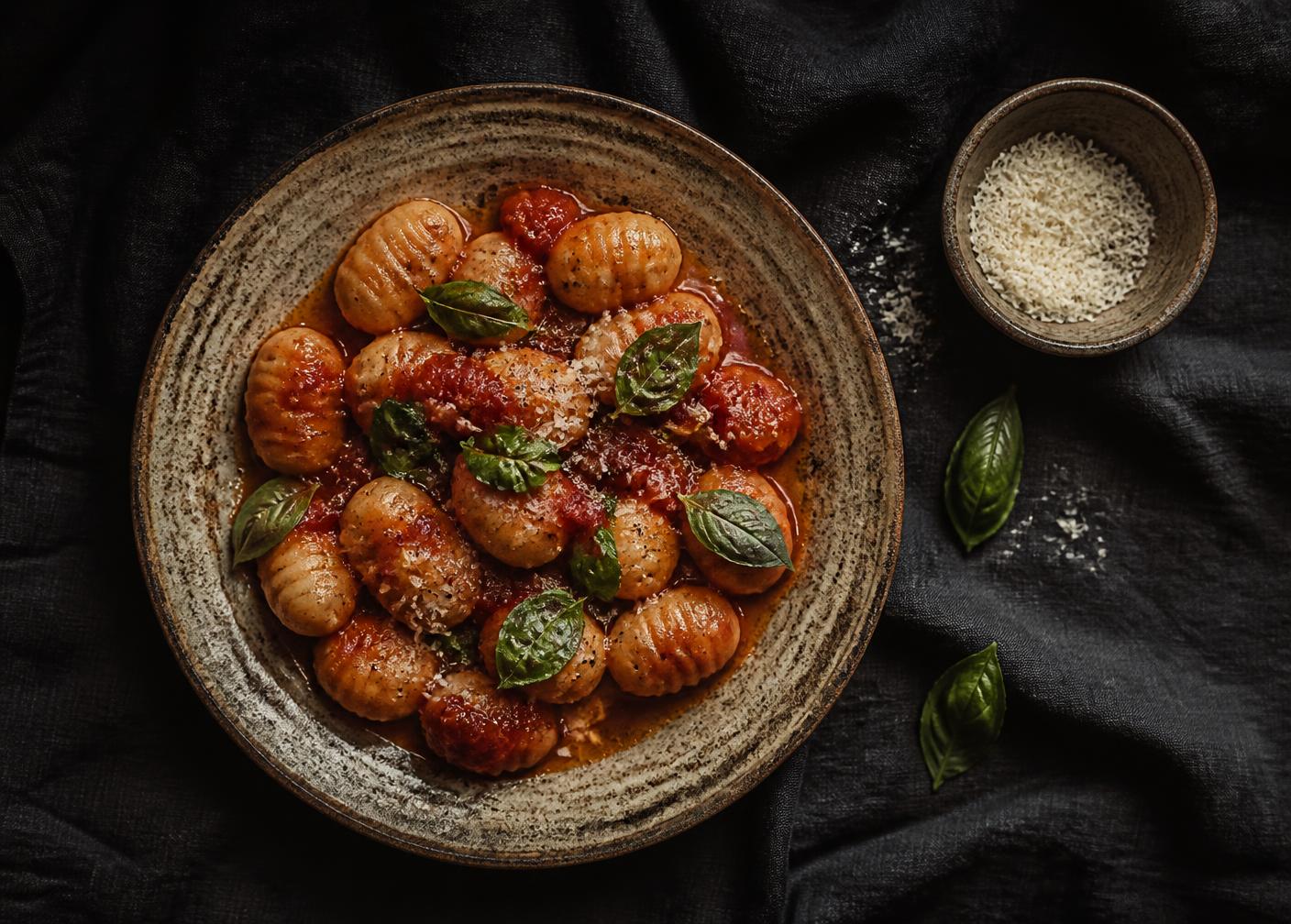 Prato de nhoque ao molho de tomate com manjericão
